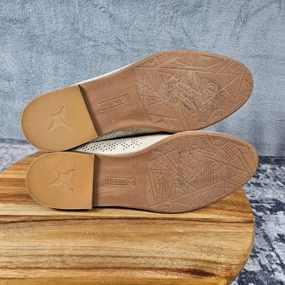 Pikolinos Merida Flats Womens 39 White Beige Leather Perforated Loafers Shoes
